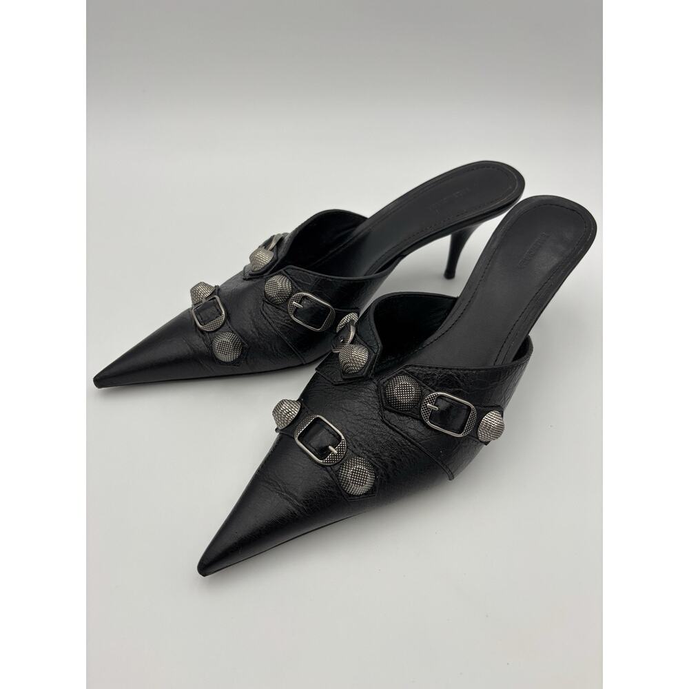 Balenciaga Point Toe Mules Black Leather Studded Size 39 / 9 Kitten Heel - Picture 4 of 16